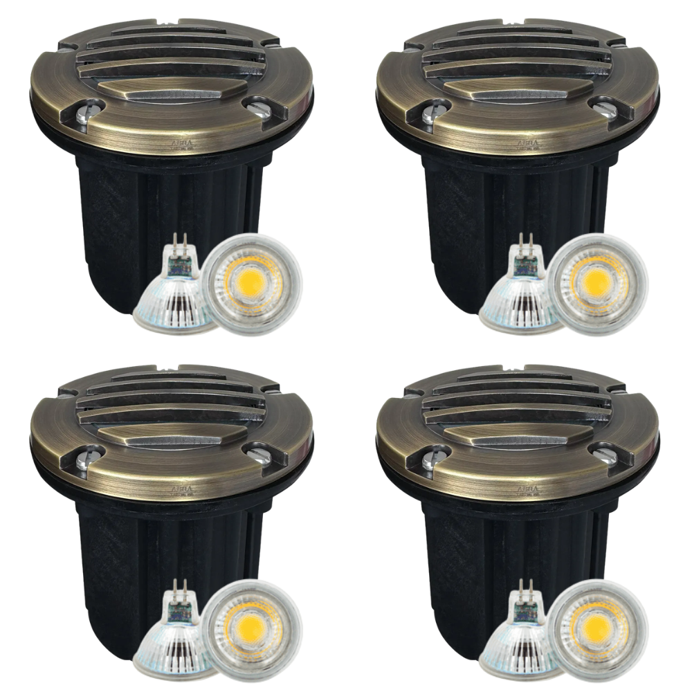 Outdoor Landscape Lighting LED 12V Low Voltage UNB06 4x/8x/12x Package Cast Brass 12V Low Voltage Round Grill LED In-Ground Well Light IP65 Waterproof with MR16 5W 3000K Bulb Natural Brass 4 Pack