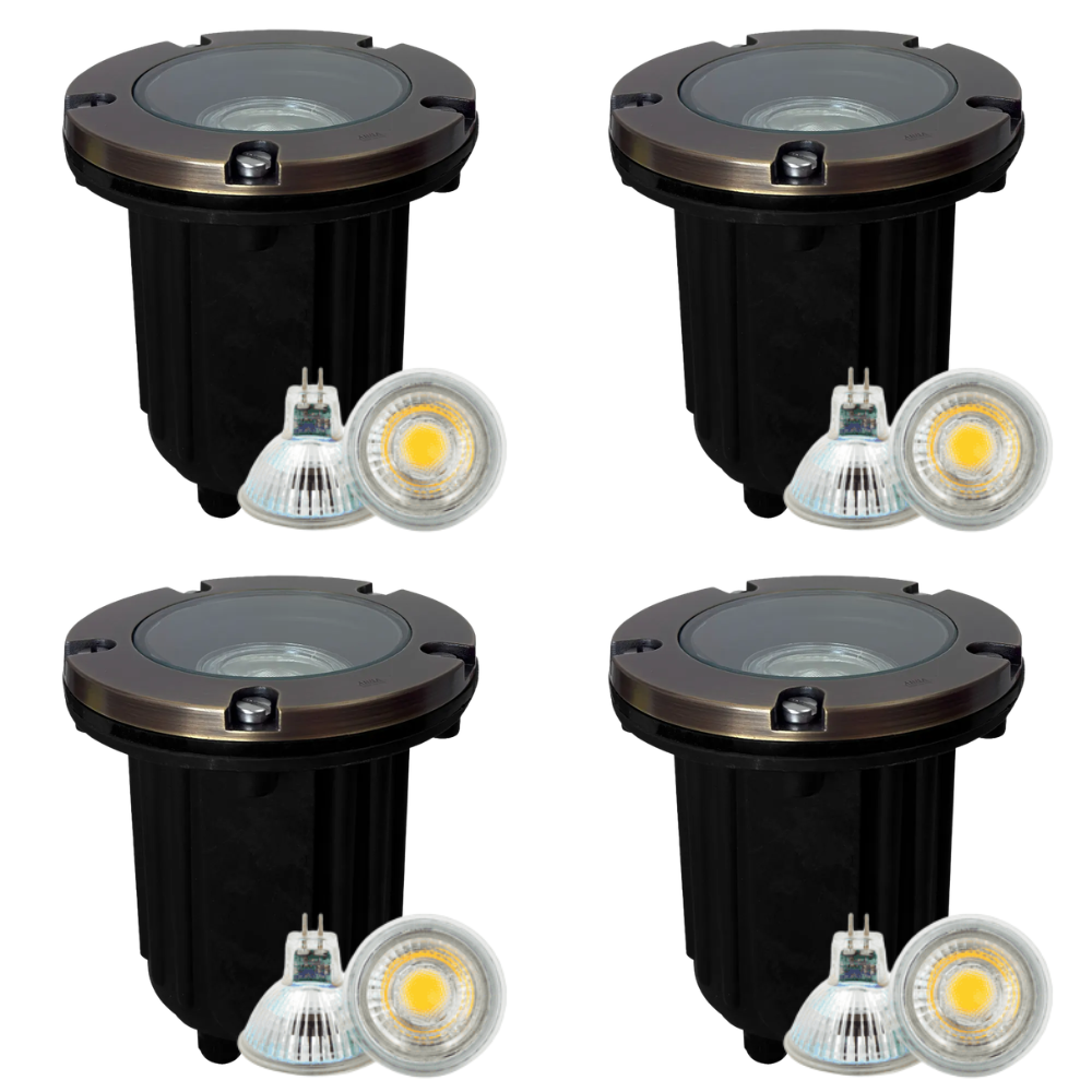 Outdoor Landscape Lighting LED 12V Low Voltage UNB04 4x/8x/12x Package Cast Brass 12V Low Voltage Round LED In-Ground Well Light IP65 Waterproof with MR16 5W 3000K Bulb Natural Brass 4 Pack