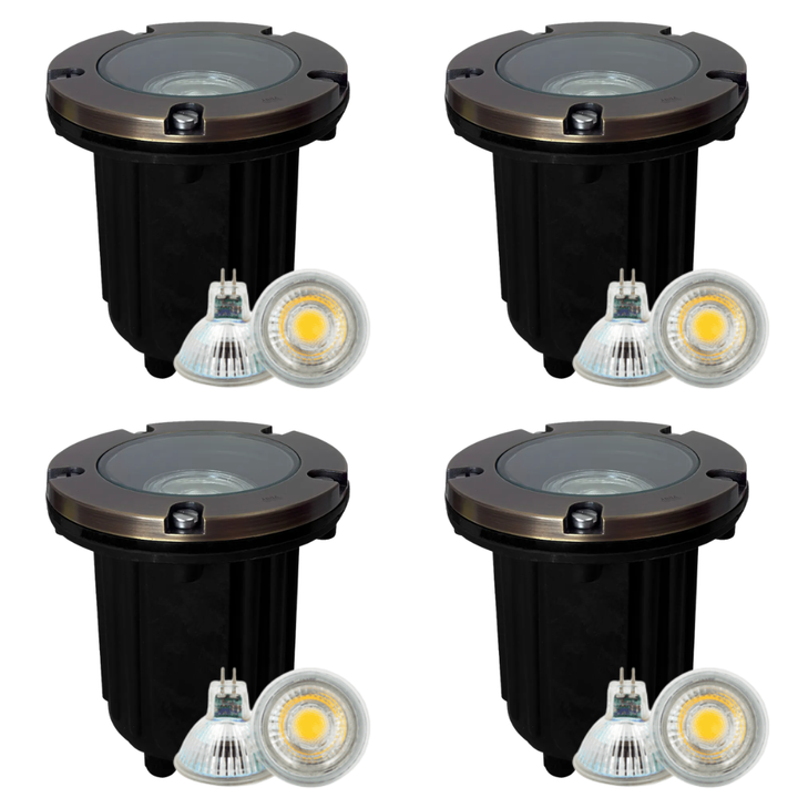 Outdoor Landscape Lighting LED 12V Low Voltage UNB04 4x/8x/12x Package Cast Brass 12V Low Voltage Round LED In-Ground Well Light IP65 Waterproof with MR16 5W 3000K Bulb Natural Brass 4 Pack