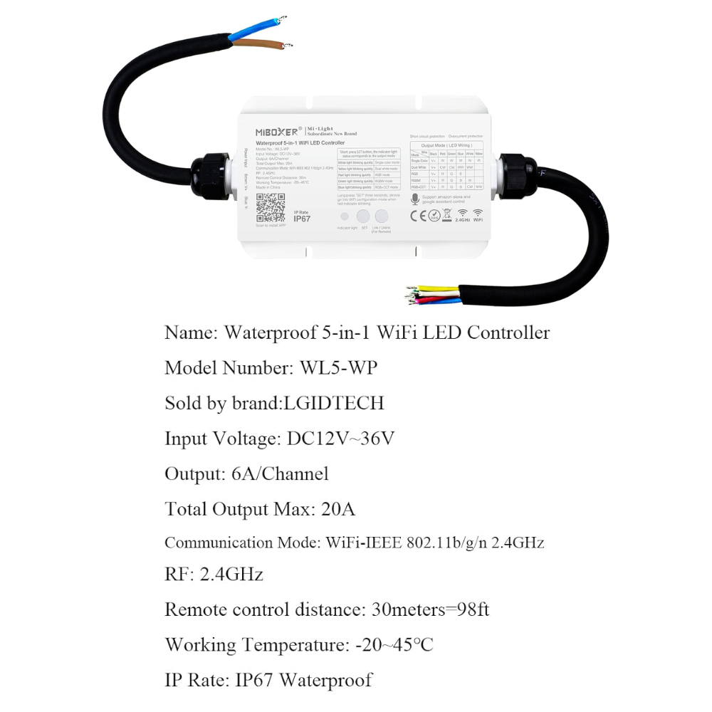 Outdoor Landscape Lighting LED 12V Low Voltage Miboxer WL5-WP LED Strip Light 5 in 1 Controller for 5050 3528 2835, IP67 Waterproof with Smartphone APP Control