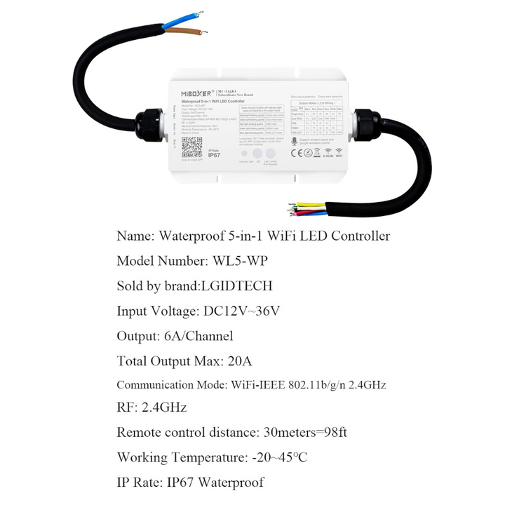 Outdoor Landscape Lighting LED 12V Low Voltage Miboxer WL5-WP LED Strip Light 5 in 1 Controller for 5050 3528 2835, IP67 Waterproof with Smartphone APP Control
