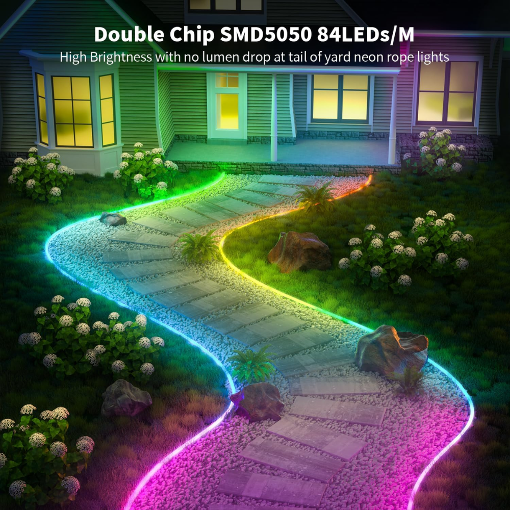 Outdoor Landscape Lighting LED 12V Low Voltage SLNR14 Dotless COB RGB-IC Neon LED Strip Light DC24V IP67 Outdoor Rated Dimmable Low Voltage 10x18mm Silicone Strip Light 32.8ft/65.5ft with Mounting Clips, Screws, Power Adapter with Dimmer and Remote Control