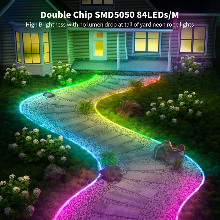 Outdoor Landscape Lighting LED 12V Low Voltage SLNR14 Dotless COB RGB-IC Neon LED Strip Light DC24V IP67 Outdoor Rated Dimmable Low Voltage 10x18mm Silicone Strip Light 32.8ft/65.5ft with Mounting Clips, Screws, Power Adapter with Dimmer and Remote Control