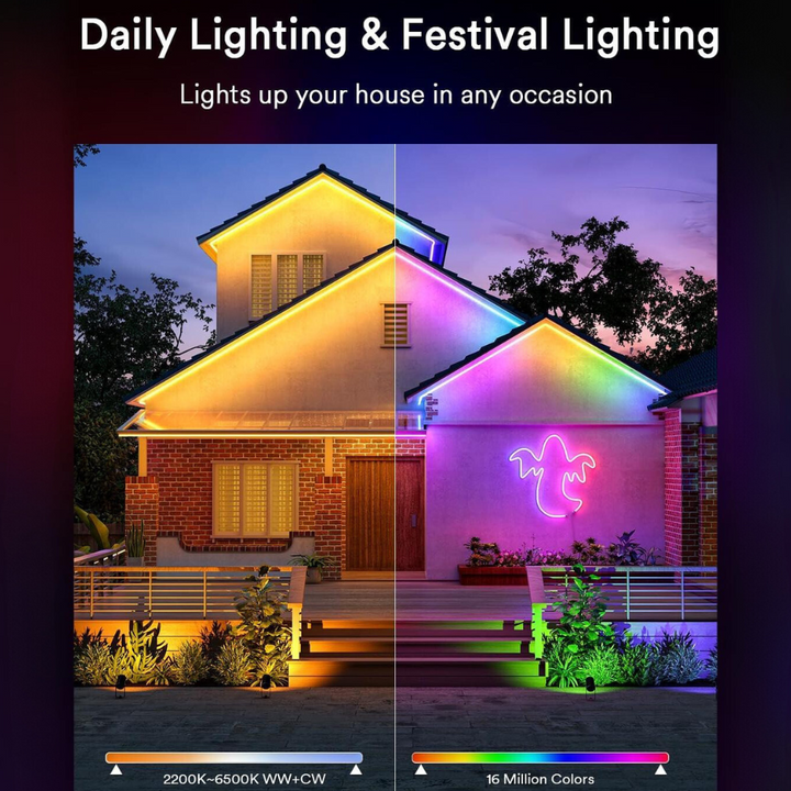 Outdoor Landscape Lighting LED 12V Low Voltage SLNR06 Dotless COB Smart Wi-Fi RGBAICW Neon LED Strip Light DC24V IP65 Outdoor Rated Dimmable Low Voltage Silicone Strip Light with Mounting Clips, Screws, Power Adapter and Remote Control