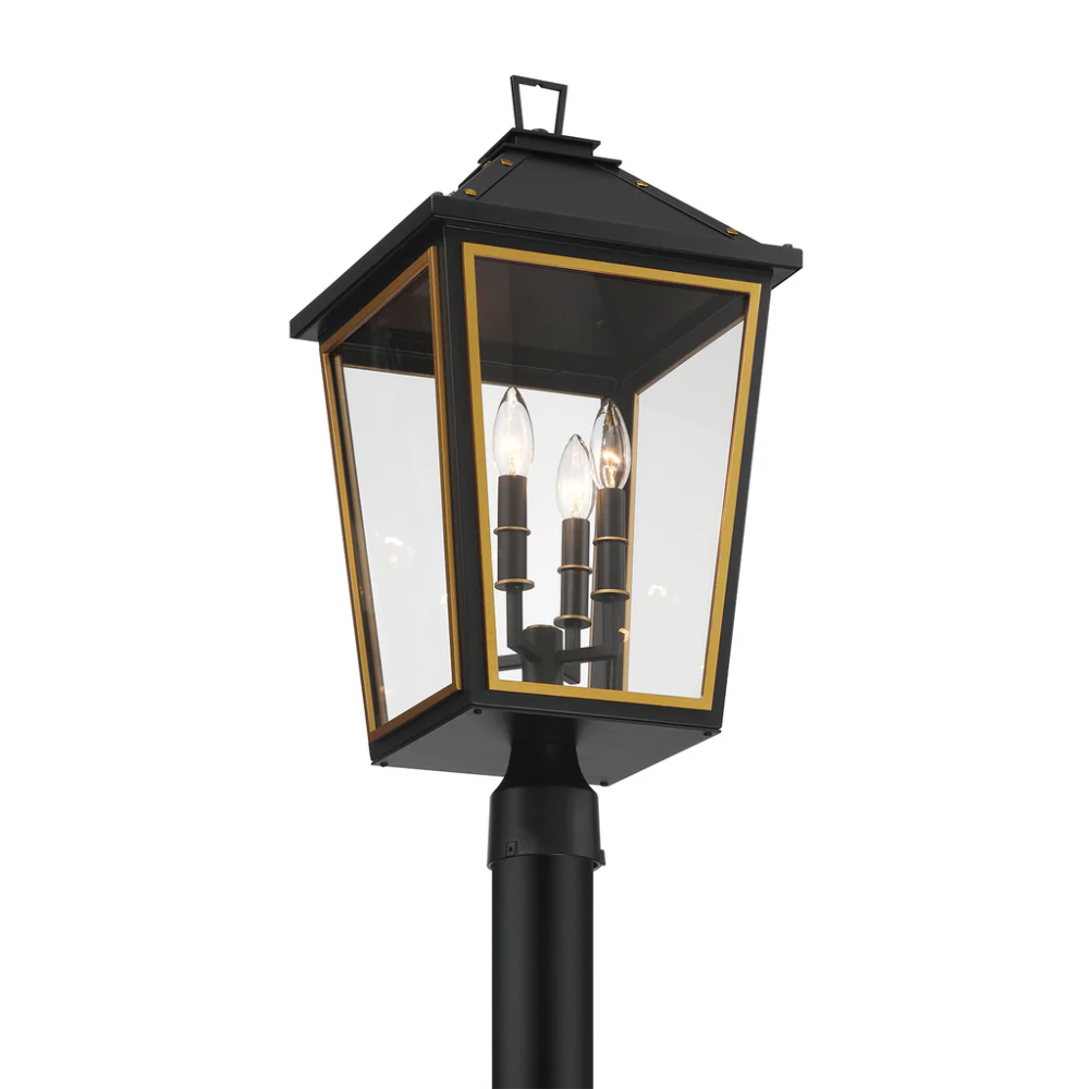Outdoor Landscape Lighting LED 12V Low Voltage Hawkins 4 Light Outdoor Post Light 12"x25" Stainless Steel and Glass Matte Black with Textured Gold Finish 120V 4 E12 Candelabra Base LED Bulb Sockets Casual Farmhouse Lantern for Patio, Garden, Exterior Posts