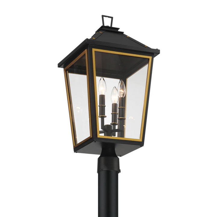Outdoor Landscape Lighting LED 12V Low Voltage Hawkins 4 Light Outdoor Post Light 12"x25" Stainless Steel and Glass Matte Black with Textured Gold Finish 120V 4 E12 Candelabra Base LED Bulb Sockets Casual Farmhouse Lantern for Patio, Garden, Exterior Posts