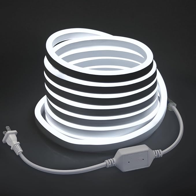 Outdoor Landscape Lighting LED 12V Low Voltage SLNR10 Dotless COB Neon LED Strip Light 110-130V IP67 Outdoor Rated Dimmable High Voltage Silicone Strip Light with Mounting Clips, Screws, Power Adapter with Dimmer and Remote Control Daylight White