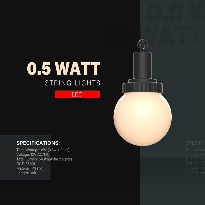 Outdoor Landscape Lighting LED 12V Low Voltage SL104 3800K Warm White LED Low Voltage Bistro Indoor String Lights 34 FT 12pcs 12V 0.5W G30 LED Bulbs