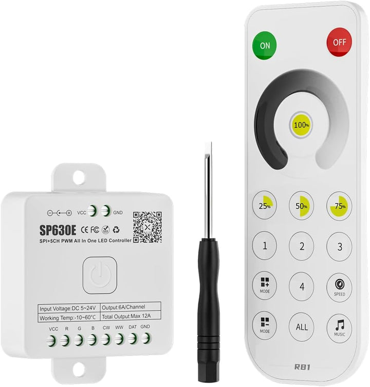 Outdoor Landscape Lighting LED 12V Low Voltage SP630E Smart Bluetooth RGB Addressable LED Controller Compatible with PWM and SPI LED Strips RGBW-IC SP630E + RB1 Single Color Remote (+$16)