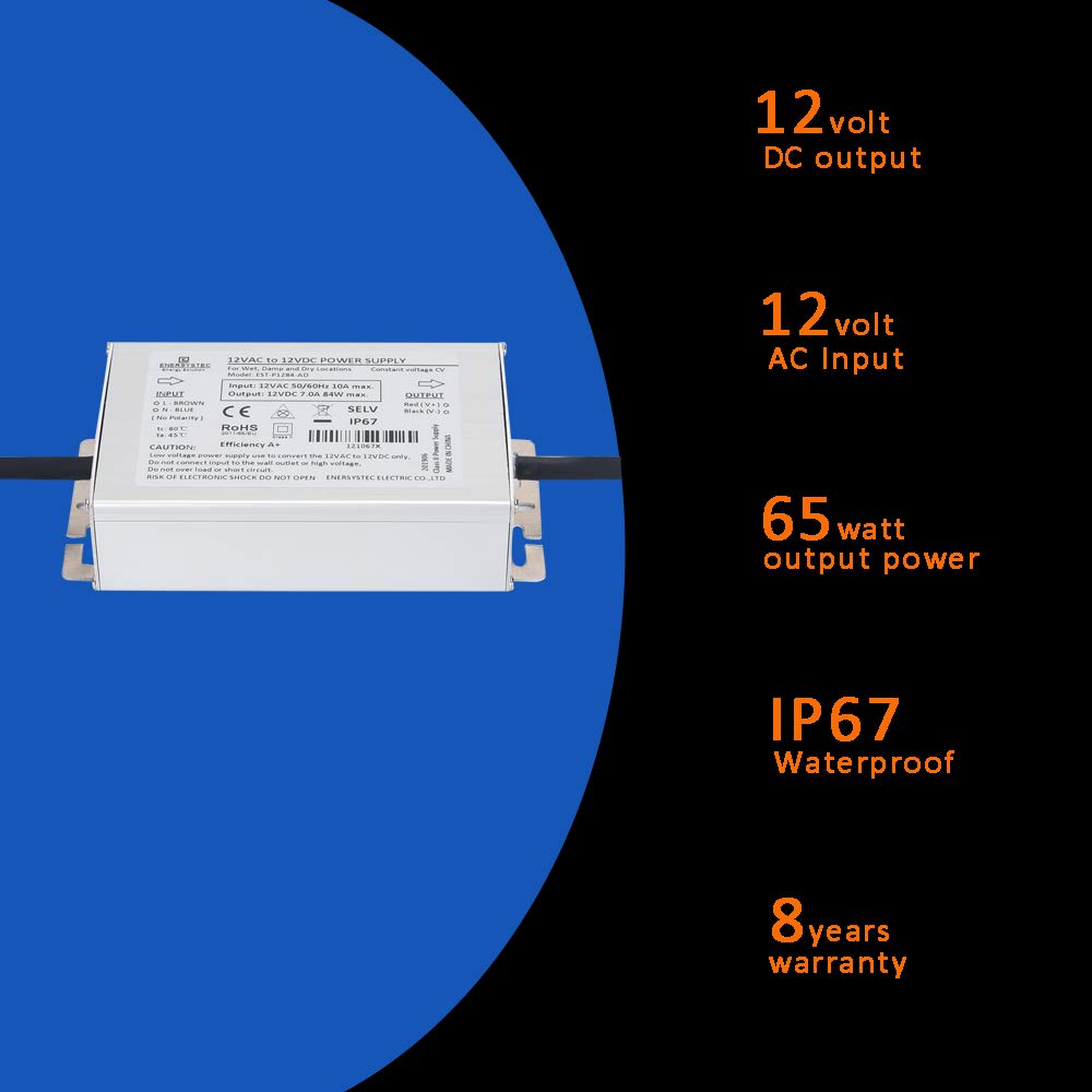 Outdoor Landscape Lighting LED 12V Low Voltage TSD 5.42A 65W and 10A 120W AC to DC Low Voltage Converter from DC12 Input to AC12V Output for Indoor and Outdoor Landscape and Strip Lighting – IP67 Waterproof
