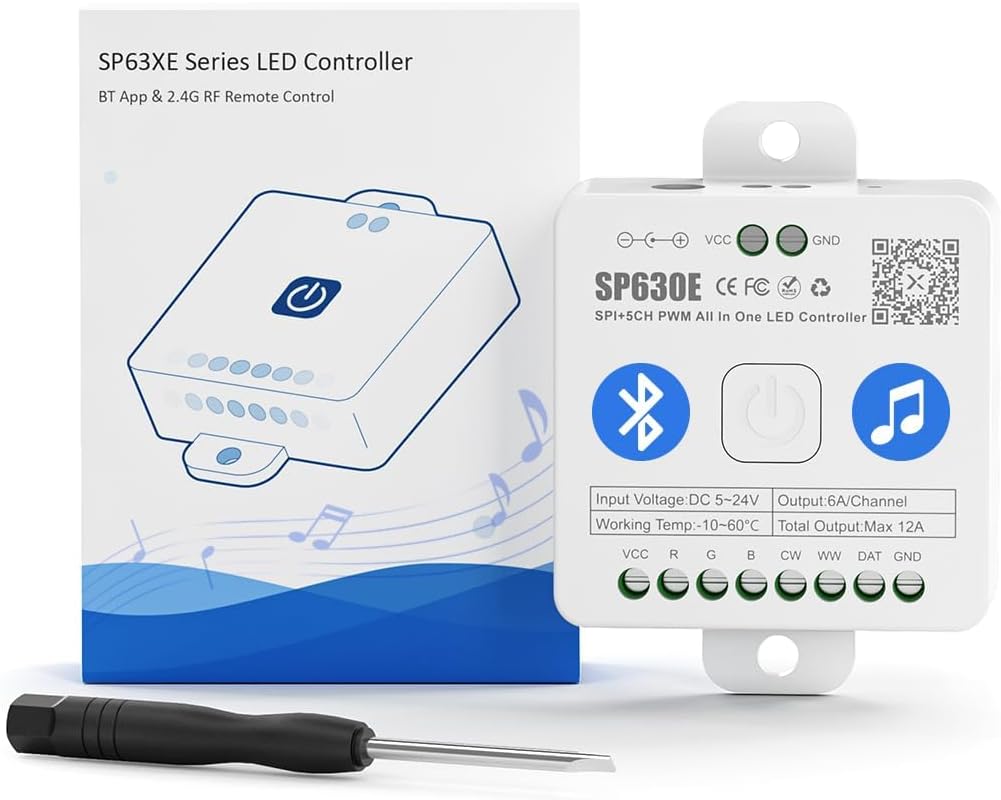 Outdoor Landscape Lighting LED 12V Low Voltage SP630E Smart Bluetooth RGB Addressable LED Controller Compatible with PWM and SPI LED Strips RGBW-IC SP630E Bluetooth Controller Only