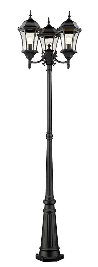 Outdoor Landscape Lighting LED 12V Low Voltage Wakefield 522MP3 3 Lights Outdoor Post Mounted Fixture Post Head and Post 25" x 25" x 90" Black Aluminum Clear Beveled Glass Line Voltage Medium 120V 3 E26 Base Sockets for Garden, Exterior Lighting
