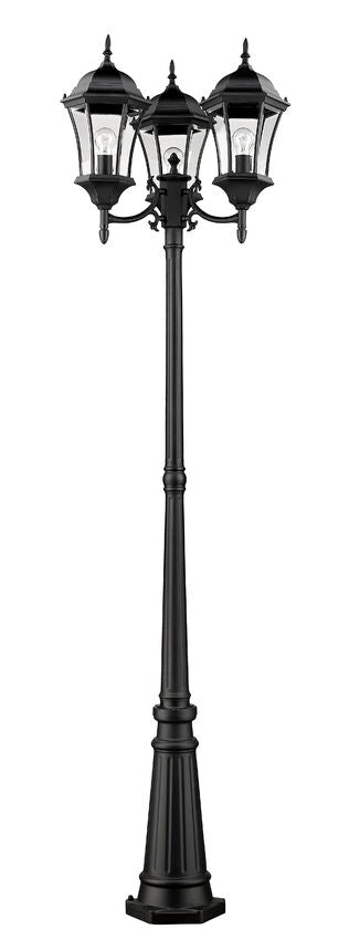 Outdoor Landscape Lighting LED 12V Low Voltage Wakefield 522MP3 3 Lights Outdoor Post Mounted Fixture Post Head and Post 25" x 25" x 90" Black Aluminum Clear Beveled Glass Line Voltage Medium 120V 3 E26 Base Sockets for Garden, Exterior Lighting
