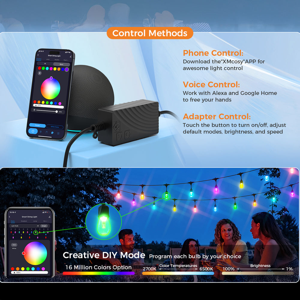 Outdoor Landscape Lighting LED 12V Low Voltage SLR100 LED RGBCWIC Smart Bistro String Lights Color Changing Outdoor Weatherproof 24V Edison Bulbs