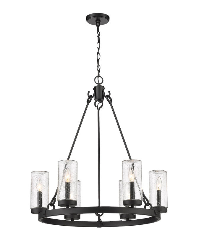 Outdoor Landscape Lighting LED 12V Low Voltage Marlow 589-6BK 6 Lights Outdoor Chandelier Ceiling Fixture 27.5" x 27.5" x 31.0" Matte Black Aluminum Clear Seedy Glass Line Voltage Candelabra 120V 6 E12 Base Sockets for Garden, Exterior Lighting