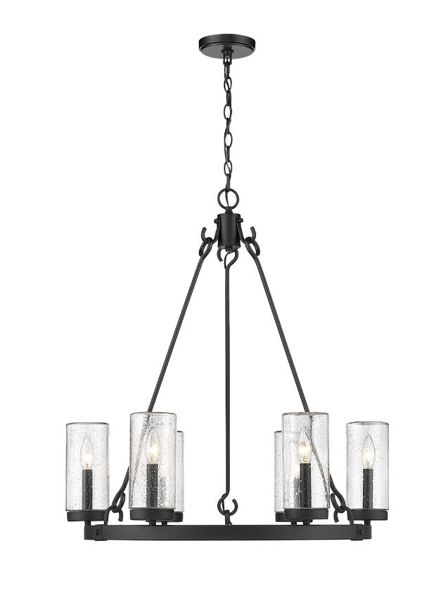 Outdoor Landscape Lighting LED 12V Low Voltage Marlow 589-6BK 6 Lights Outdoor Chandelier Ceiling Fixture 27.5" x 27.5" x 31.0" Matte Black Aluminum Clear Seedy Glass Line Voltage Candelabra 120V 6 E12 Base Sockets for Garden, Exterior Lighting