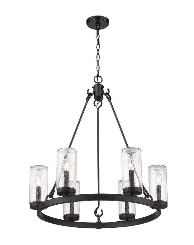 Outdoor Landscape Lighting LED 12V Low Voltage Marlow 589-6BK 6 Lights Outdoor Chandelier Ceiling Fixture 27.5" x 27.5" x 31.0" Matte Black Aluminum Clear Seedy Glass Line Voltage Candelabra 120V 6 E12 Base Sockets for Garden, Exterior Lighting