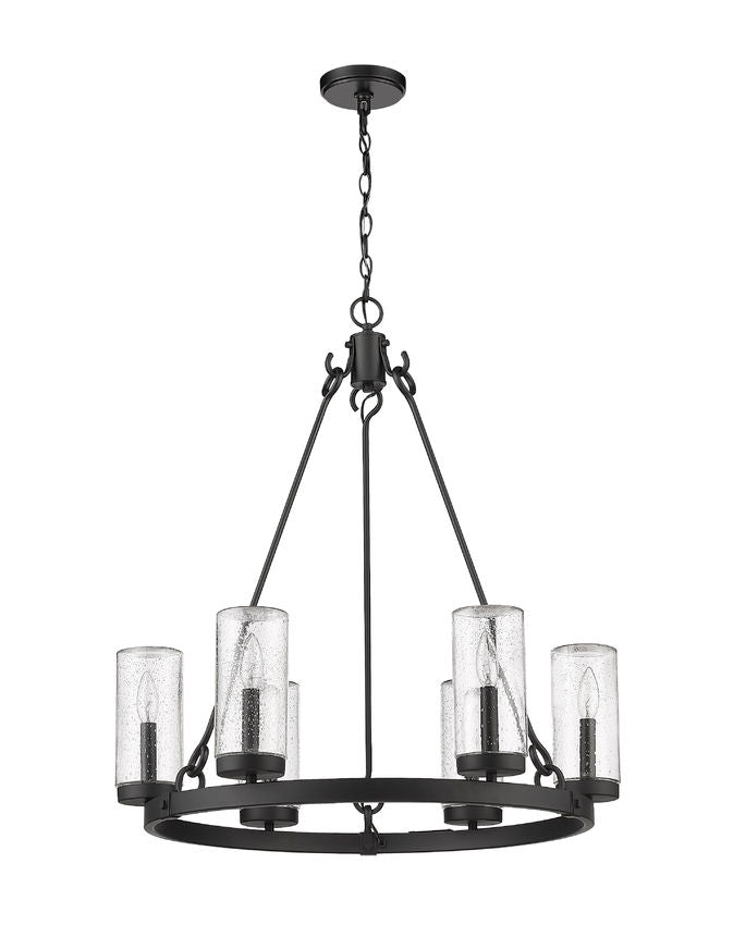 Outdoor Landscape Lighting LED 12V Low Voltage Marlow 589-6BK 6 Lights Outdoor Chandelier Ceiling Fixture 27.5" x 27.5" x 31.0" Matte Black Aluminum Clear Seedy Glass Line Voltage Candelabra 120V 6 E12 Base Sockets for Garden, Exterior Lighting