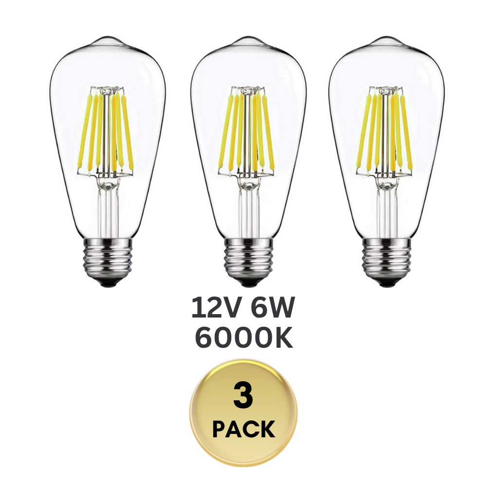 Outdoor Landscape Lighting LED 12V Low Voltage E26 6W 12V-36V 2700K/3000K/6000K AC/DC LED Filament Edison Bulbs Package Dimmable Energy Saving Low Voltage Light Bulb 3 Pack 6W Cool White 6000K