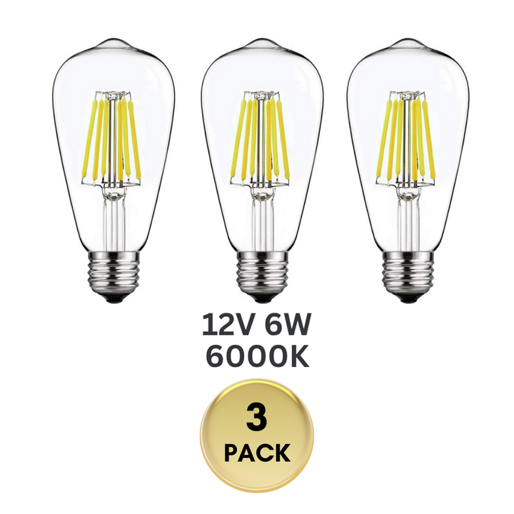 Outdoor Landscape Lighting LED 12V Low Voltage E26 6W 12V-36V 2700K/3000K/6000K AC/DC LED Filament Edison Bulbs Package Dimmable Energy Saving Low Voltage Light Bulb 3 Pack 6W Cool White 6000K