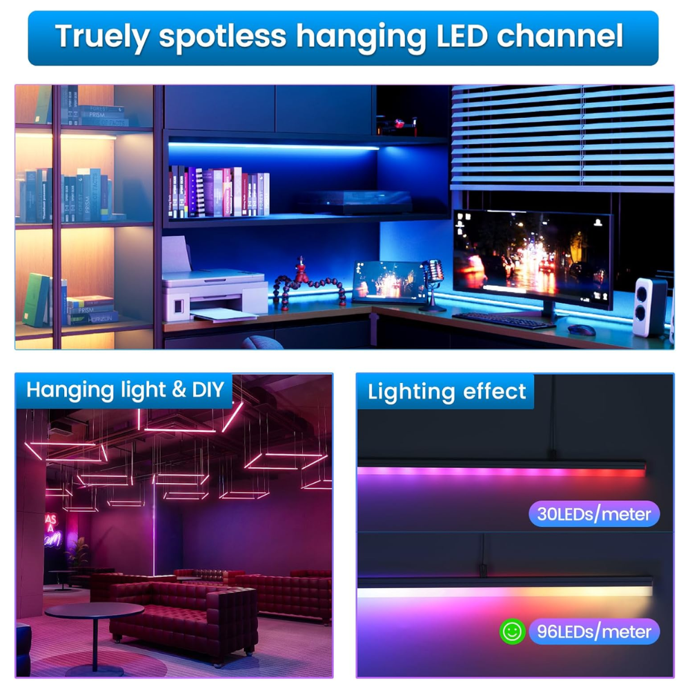 Outdoor Landscape Lighting LED 12V Low Voltage AC15 Spotless Aluminum Channel with Hanging Wire 3.3FT/1M For Max 17mm Width LED Strip Lights Pack of 5 and 10