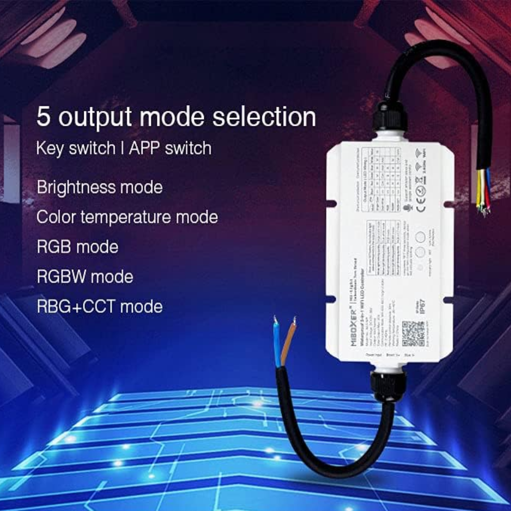 Outdoor Landscape Lighting LED 12V Low Voltage Miboxer WL5-WP LED Strip Light 5 in 1 Controller for 5050 3528 2835, IP67 Waterproof with Smartphone APP Control
