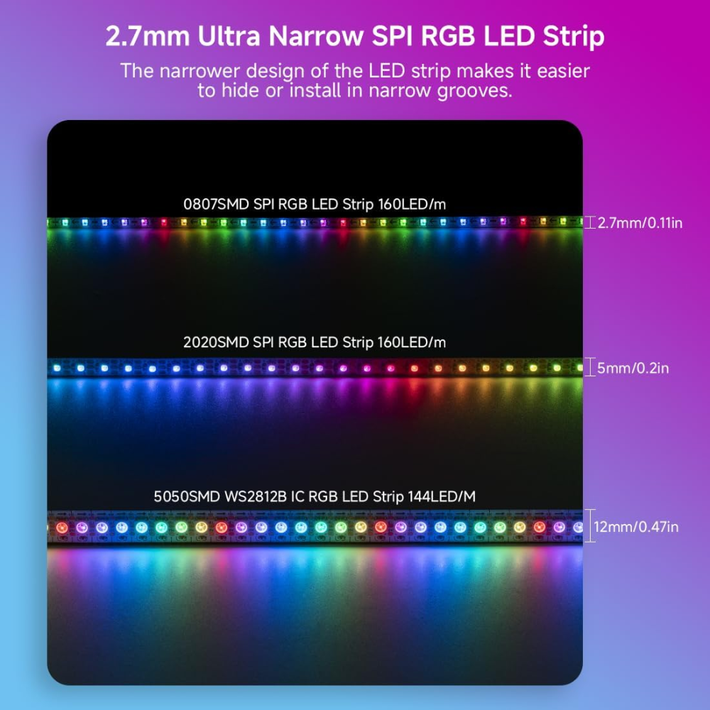 Outdoor Landscape Lighting LED 12V Low Voltage SL13 Strip Light Addressable RGB+IC WS2812B Ultra Narrow 4.54W/ft 2.7mm 16.4ft DC12V Low Voltage LED Indoor IP30 0807 SMD Tape Light