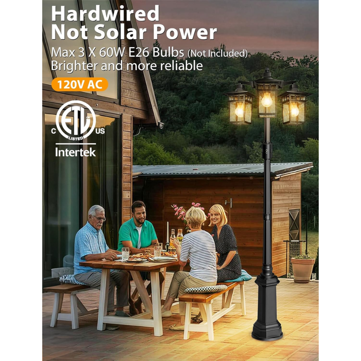 Outdoor Landscape Lighting LED 12V Low Voltage PLH04 360° Motion Sensor and Dusk-to-Dawn Classic Black Aluminum 3-Head Rectangular Post Light 87.5" Pole with Glass Panels 3 E26 Base Medium Base Socket 120V with for Garden, Exterior Lighting
