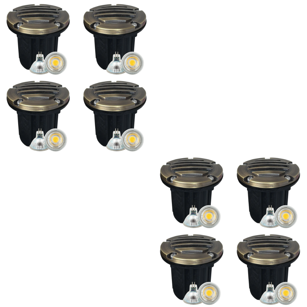 Outdoor Landscape Lighting LED 12V Low Voltage UNB06 4x/8x/12x Package Cast Brass 12V Low Voltage Round Grill LED In-Ground Well Light IP65 Waterproof with MR16 5W 3000K Bulb Natural Brass 8 Pack
