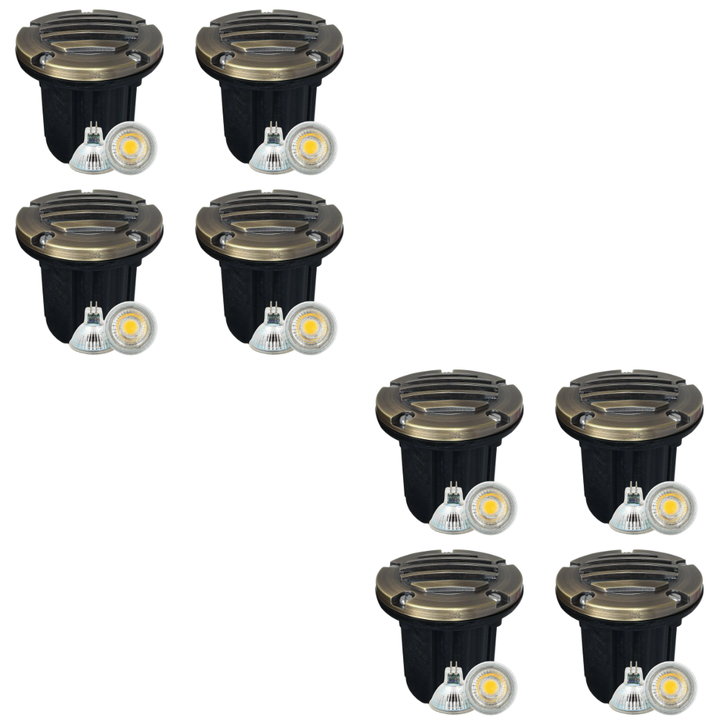 Outdoor Landscape Lighting LED 12V Low Voltage UNB06 4x/8x/12x Package Cast Brass 12V Low Voltage Round Grill LED In-Ground Well Light IP65 Waterproof with MR16 5W 3000K Bulb Natural Brass 8 Pack