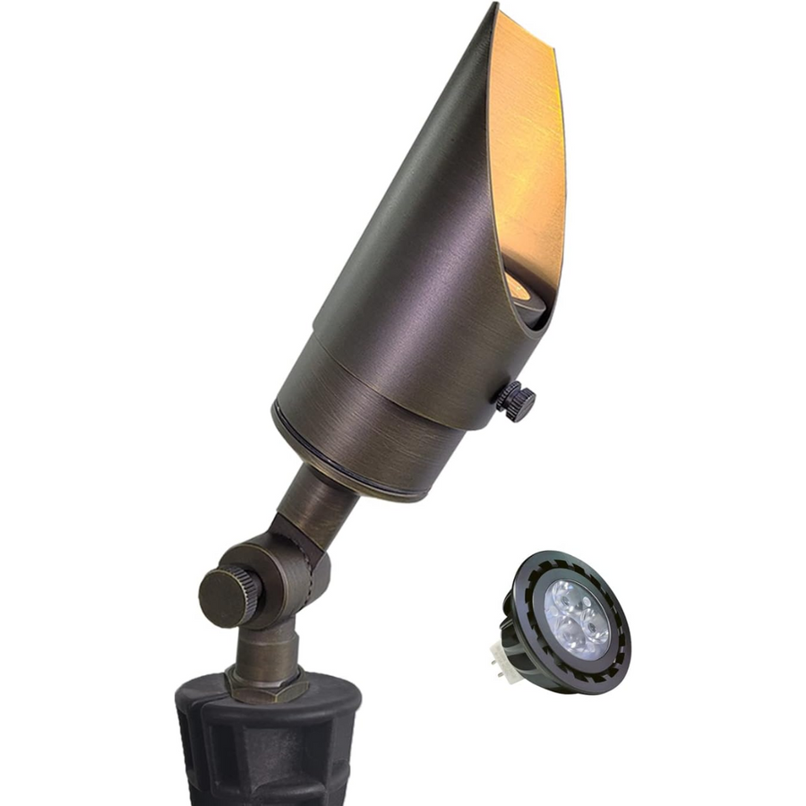 Outdoor Landscape Lighting LED 12V Low Voltage SPBA13 MR16 Brass Spotlight Package with Adjustable Shroud 12V AC/DC Low Voltage Outdoor Lighting with 5W 2700K Warm White Bulb 1 Pack with 5W 2700K MR16 Bulb