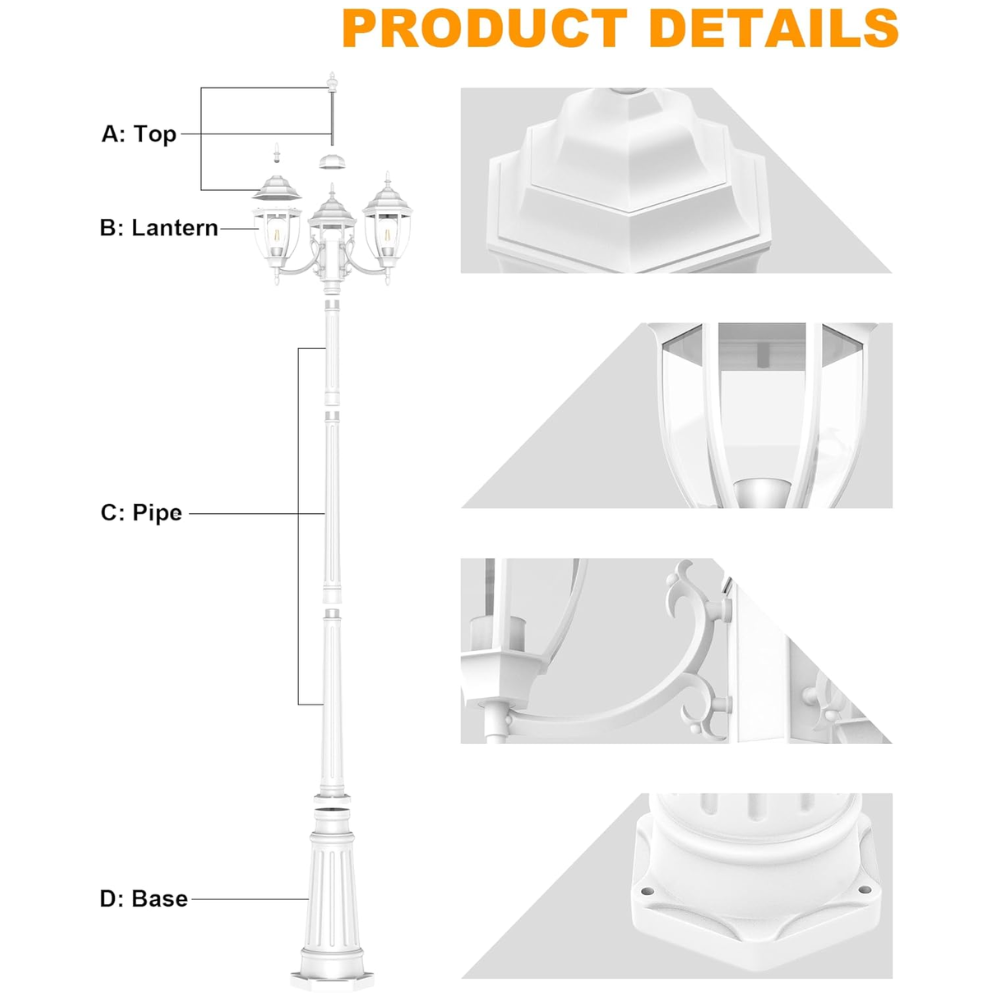 Outdoor Landscape Lighting LED 12V Low Voltage PLH02 Classic Black or White Aluminum 3-Head Post Light 92.5" Pole with Glass Panels 3 E26 Base Medium Base Socket 120V with for Garden, Exterior Lighting