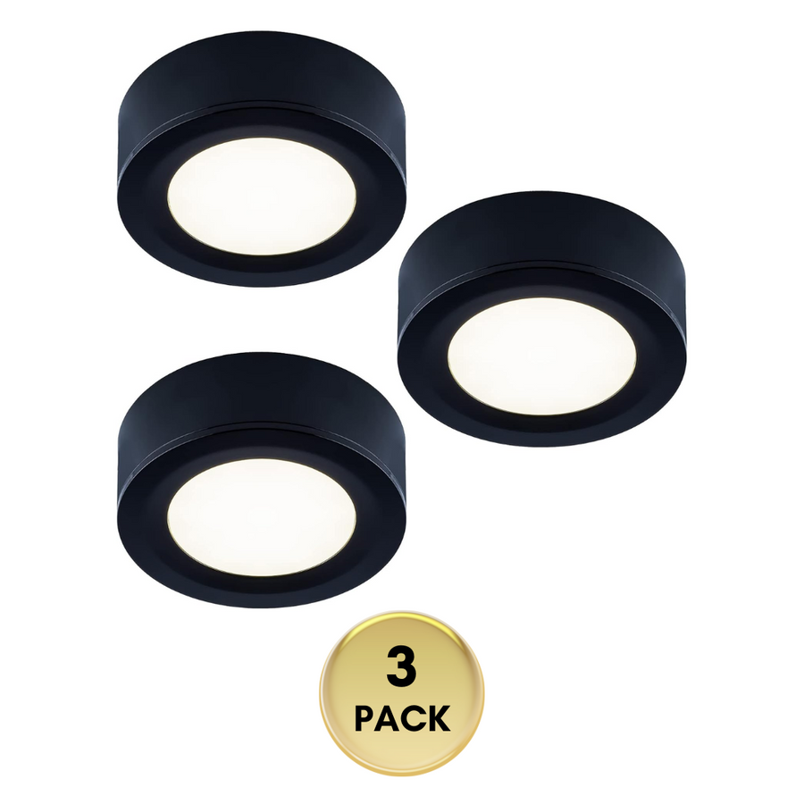 Outdoor Landscape Lighting LED 12V Low Voltage CBA03 3x/5x Pack 2.7W 2.68" 3000K Dimmable Recessed and Surface Mounted Line Voltage 120V Line Voltage Hardwired LED Puck Cabinet Light Cast Aluminum Downlighting 110LM/130LM Package Black 3 Pack