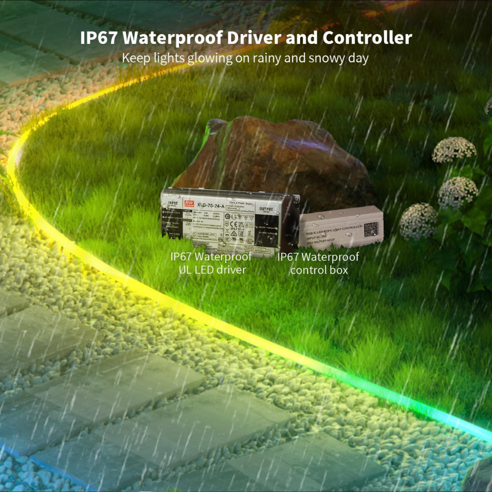 Outdoor Landscape Lighting LED 12V Low Voltage SLNR14 Dotless COB RGB-IC Neon LED Strip Light DC24V IP67 Outdoor Rated Dimmable Low Voltage 10x18mm Silicone Strip Light 32.8ft/65.5ft with Mounting Clips, Screws, Power Adapter with Dimmer and Remote Control