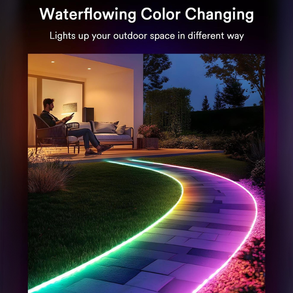 Outdoor Landscape Lighting LED 12V Low Voltage SLNR06 Dotless COB Smart Wi-Fi RGBAICW Neon LED Strip Light DC24V IP65 Outdoor Rated Dimmable Low Voltage Silicone Strip Light with Mounting Clips, Screws, Power Adapter and Remote Control