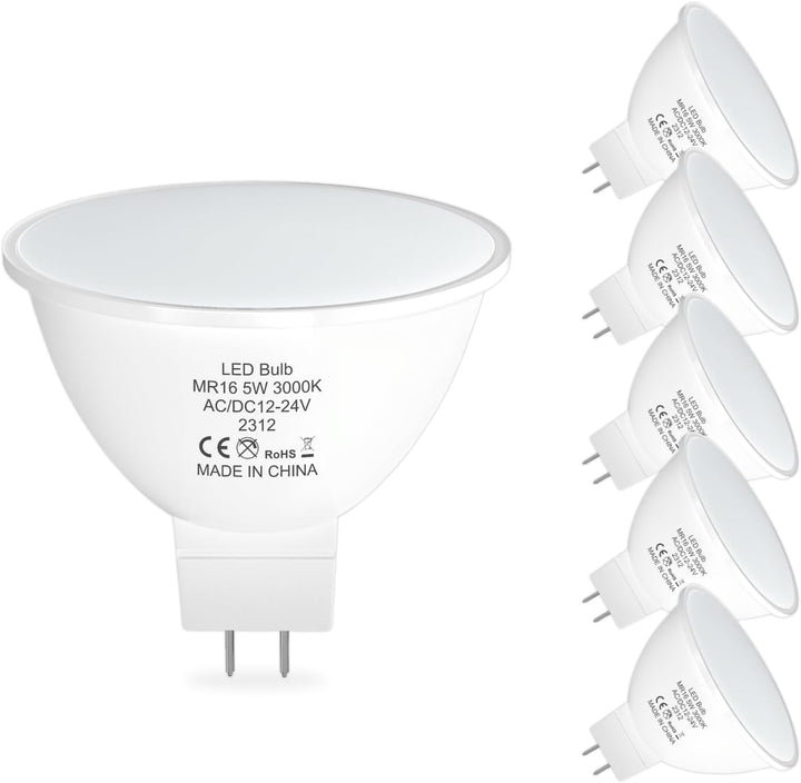 Outdoor Landscape Lighting LED 12V Low Voltage MR16 6-Pack 5W/7W 120° Flood Beam Angle Low Voltage 12V-24V LED Bulbs Package Energy Saving Waterproof Light CE & RoHS Certified 3000K Warm White 5W