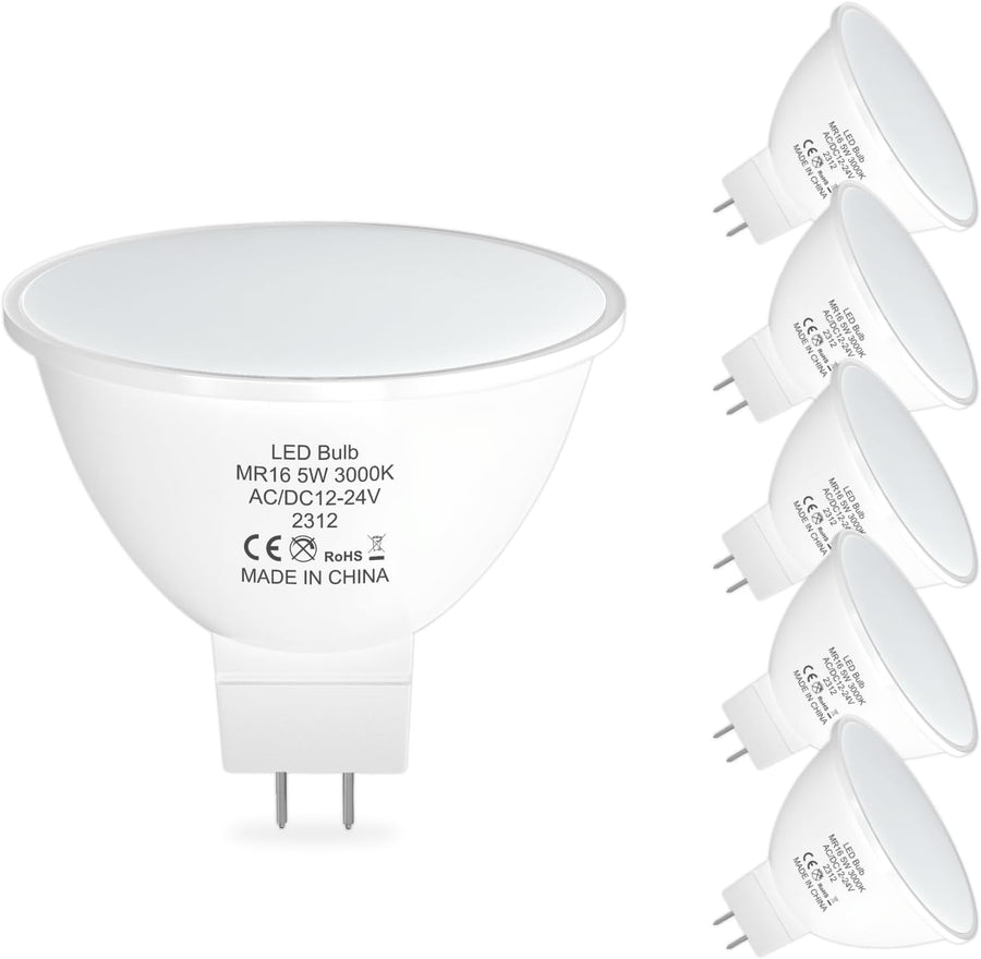 Outdoor Landscape Lighting LED 12V Low Voltage MR16 6-Pack 5W/7W 120° Flood Beam Angle Low Voltage 12V-24V LED Bulbs Package Energy Saving Waterproof Light CE & RoHS Certified 3000K Warm White 5W
