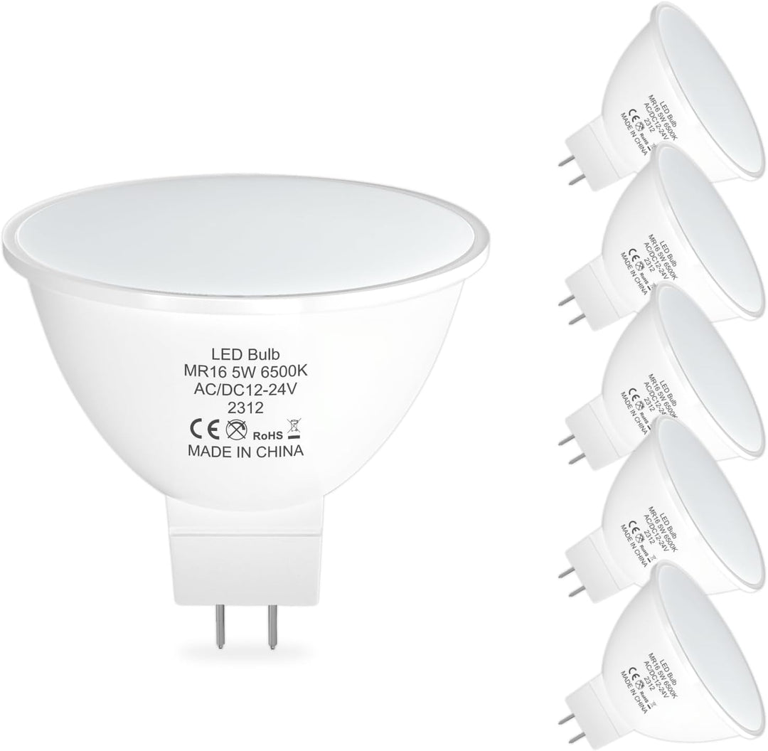 Outdoor Landscape Lighting LED 12V Low Voltage MR16 6-Pack 5W/7W 120° Flood Beam Angle Low Voltage 12V-24V LED Bulbs Package Energy Saving Waterproof Light CE & RoHS Certified 6500W Cool White 5W
