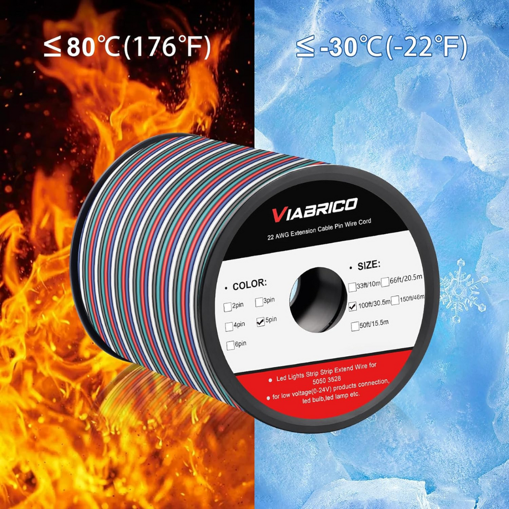Outdoor Landscape Lighting LED 12V Low Voltage 100 ft RGBW LED Extension Cable - 22 AWG 5-Pin 12V/24V Wire for 3528/5050 Strip Lights