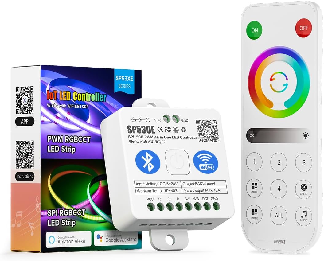 Outdoor Landscape Lighting LED 12V Low Voltage SP530E Smart Wi-Fi and Bluetooth RGB Addressable LED Controller Compatible with Alexa and Google Assistant, Support WS2811, WS2812B, WS2815, SK6812 and More SP530E Wi-Fi Bluetooth + RB4 RGBCCT Remote (+$16)