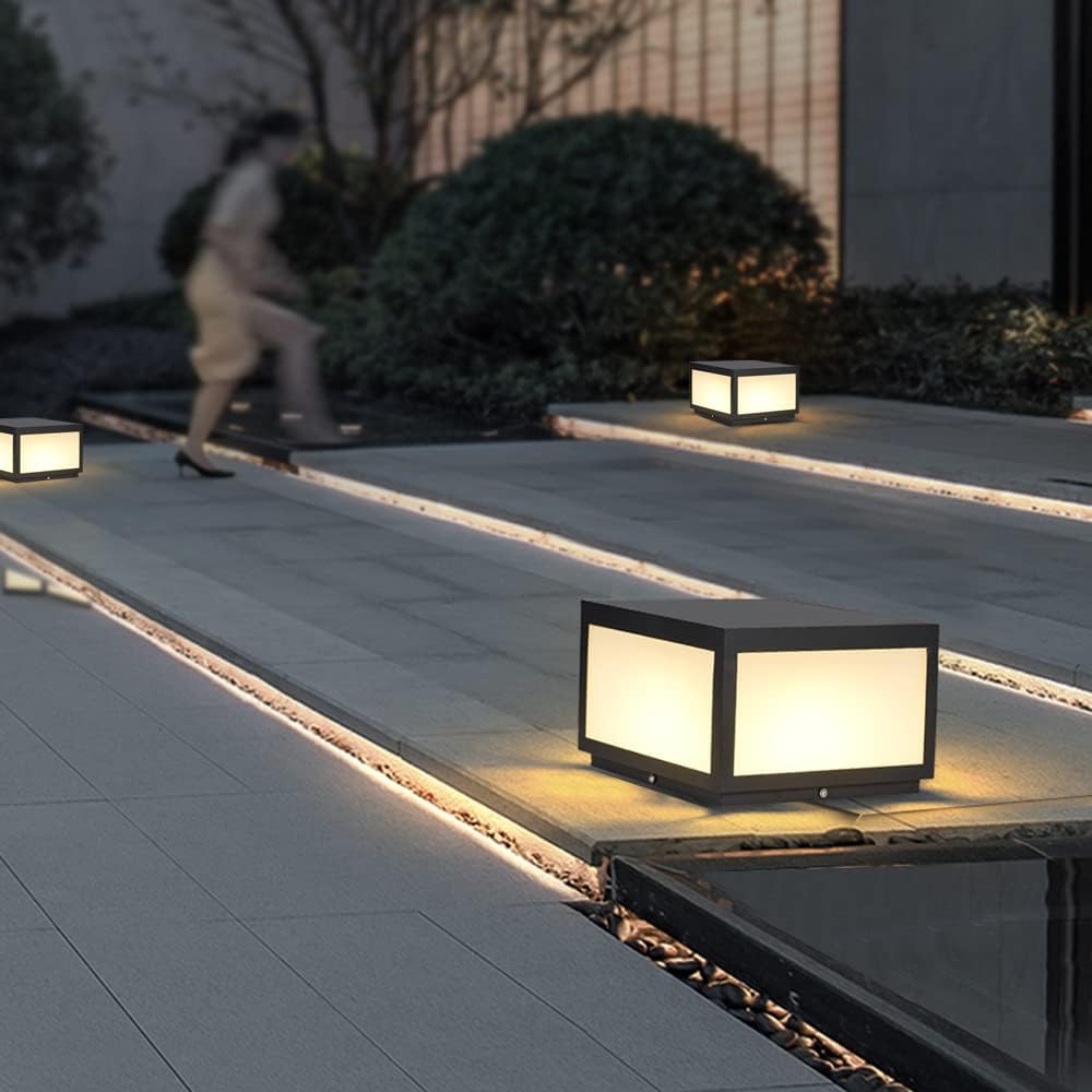 Outdoor Landscape Lighting LED 12V Low Voltage CPLA04 Modern Pillar Lamp Post Light with Tempered Glass Shade Fence Deck Cap Lantern with E26 9W 3000K 110V AC Line Voltage Stainless Steel LED IP55 Waterproof, Electric-Powered, Low-Voltage E26 LED Compatible