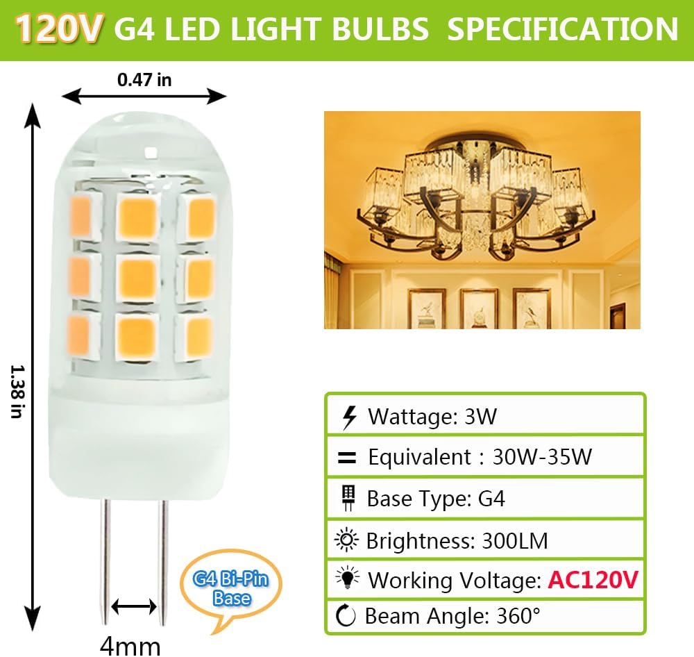 Outdoor Landscape Lighting LED 12V Low Voltage 5 Pack G4 3W Bi Pin 3000K/6000K LED Ceramic Capsule 120V Line Voltage Bulb Energy Efficient Light