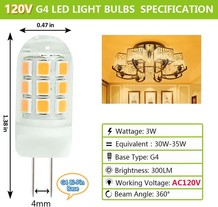 Outdoor Landscape Lighting LED 12V Low Voltage 5 Pack G4 3W Bi Pin 3000K/6000K LED Ceramic Capsule 120V Line Voltage Bulb Energy Efficient Light
