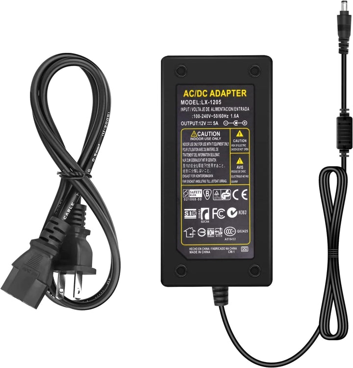 Outdoor Landscape Lighting LED 12V Low Voltage LED Strip Lights 12V 5A 60W Power Supply, LED Strip Adapter, 120V AC to 12V DC Transformer with DC Output Jack for Neon Rope Light, LED Light