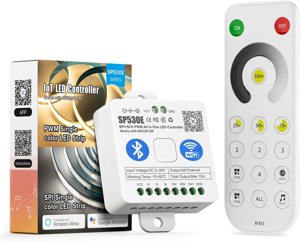 Outdoor Landscape Lighting LED 12V Low Voltage SP530E Smart Wi-Fi and Bluetooth RGB Addressable LED Controller Compatible with Alexa and Google Assistant, Support WS2811, WS2812B, WS2815, SK6812 and More SP530E Wi-Fi Bluetooth + RB1 Single Color Remote (+$16)