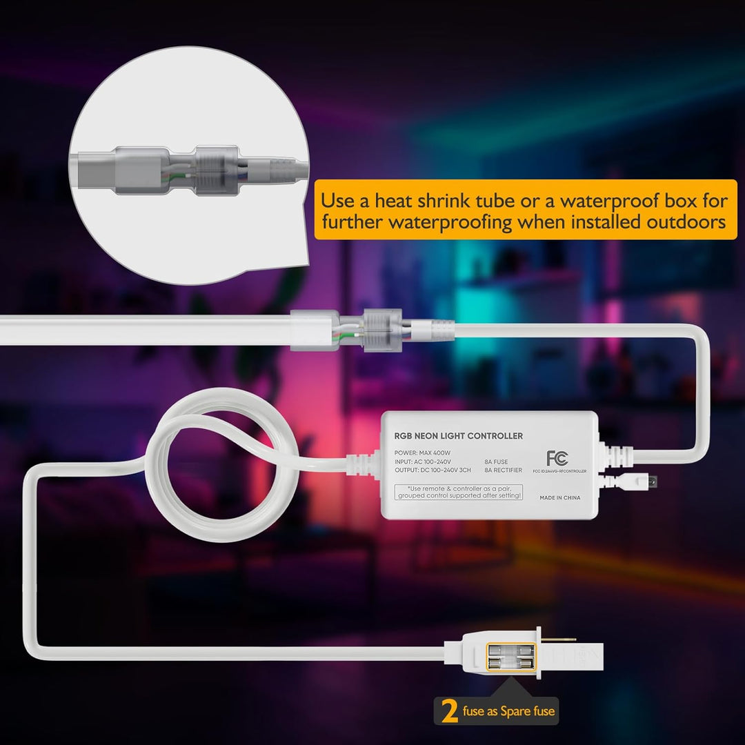 Outdoor Landscape Lighting LED 12V Low Voltage SLNR12 Dotless Neon RGB 5000K 16 Colors and 4 Modes 2.59W/f LED Strip Light 110V IP65 Outdoor Rated Dimmable High Voltage Silicone Strip Light Screws, Mounting Aluminum Clamps, End Cap, Screws, Remote Control and Power Cable