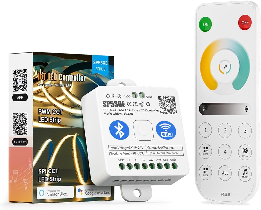Outdoor Landscape Lighting LED 12V Low Voltage SP530E Smart Wi-Fi and Bluetooth RGB Addressable LED Controller Compatible with Alexa and Google Assistant, Support WS2811, WS2812B, WS2815, SK6812 and More SP530E Wi-Fi Bluetooth + RB2 CCT Remote (+$16)