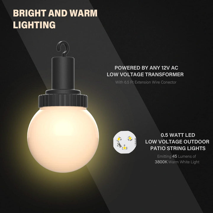 Outdoor Landscape Lighting LED 12V Low Voltage SL104 3800K Warm White LED Low Voltage Bistro Indoor String Lights 34 FT 12pcs 12V 0.5W G30 LED Bulbs