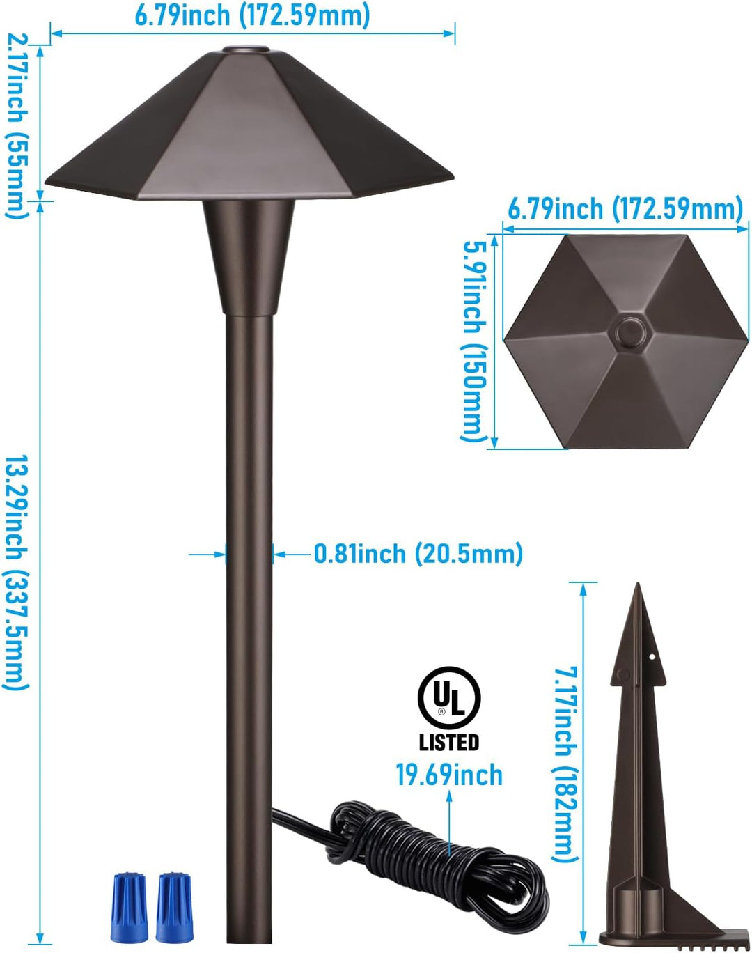 Outdoor Landscape Lighting LED 12V Low Voltage CDPAL03 Ombrello Spigoloso LED Landscape 3CCT Pathway Lights, 3000K/4000K/5000K, 5W 12-24V AC/DC Low Voltage Oil-Rubbed Bronze Hexagonal Outdoor Landscape Lighting