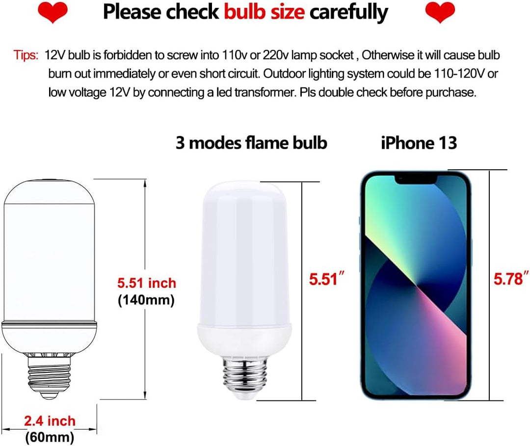 Outdoor Landscape Lighting LED 12V Low Voltage 2-Pack Flame Light AC/DC LED E26 Standard Base Light Bulbs Energy Saving Light Bulb Tiki Torch for Holiday, Halloween, RV, Landscape and Post Lighting Package